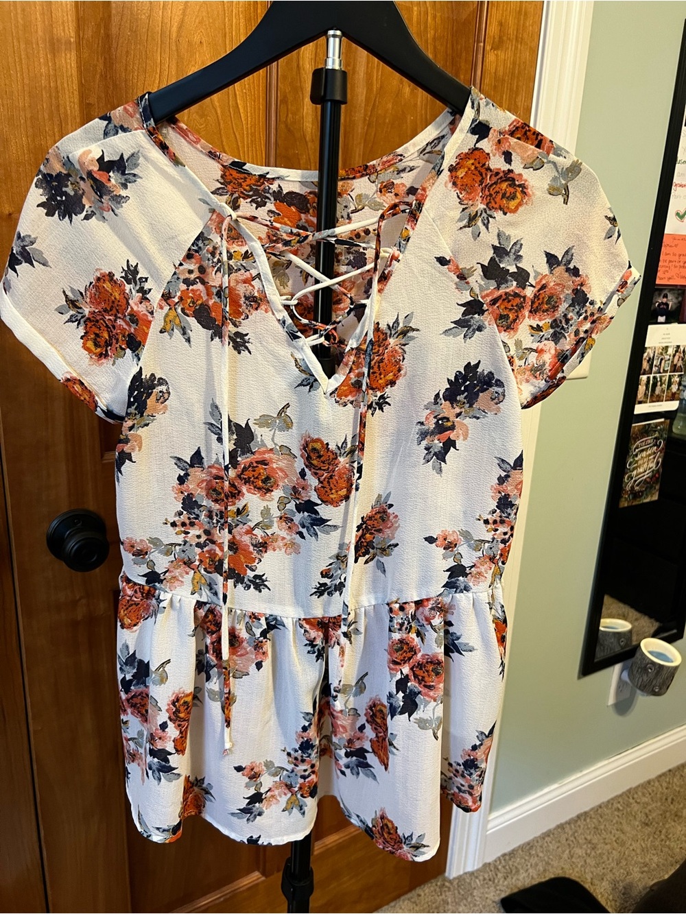 Xhilaration Cream Floral Lace-Up Front Blouse